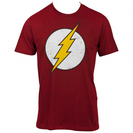 Flash Distressed Symbol On Dark Red T-Shirt